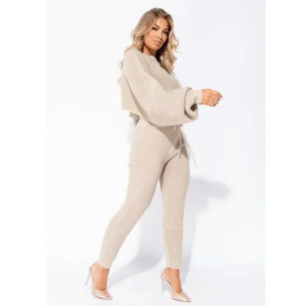 Beige Knitted Long Sleeve Sweater Crop Top and High Waist Pants Two Piece Set - Picture 5 of 17